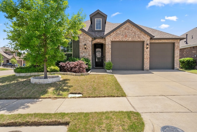 view of front of home featuring a front lawn, brick siding, a shingled roof, concrete driveway, and an attached garage
