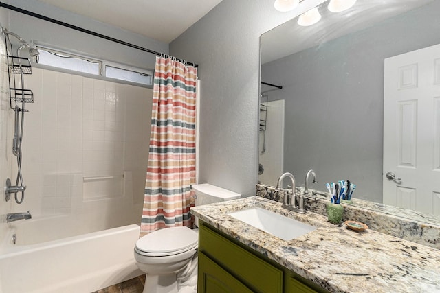 303 Valley View Ct, Rio Vista, TX 76093 - bathroom featuring vanity, toilet, a textured wall, and shower / bathtub combination with curtain