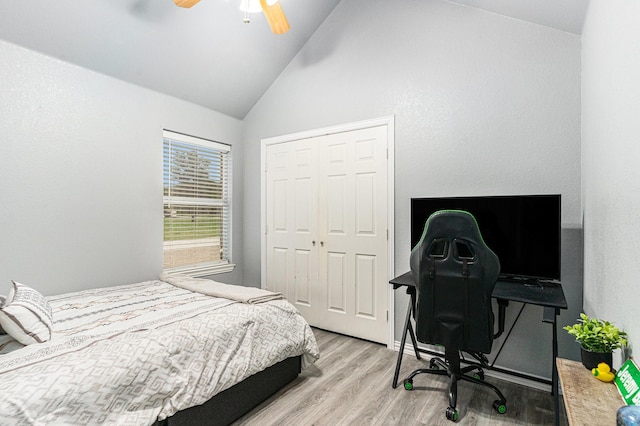 303 Valley View Ct, Rio Vista, TX 76093 - bedroom with light wood finished floors, ceiling fan, a closet, and high vaulted ceiling