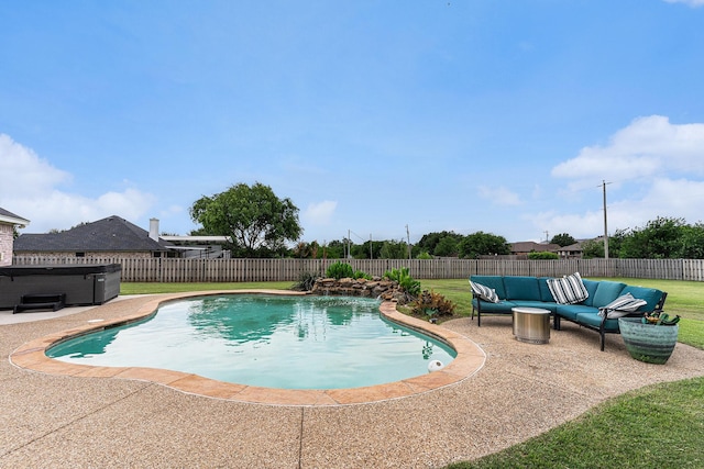 303 Valley View Ct, Rio Vista, TX 76093 - view of pool with outdoor lounge area, a lawn, a fenced backyard, a patio area, and a fenced in pool