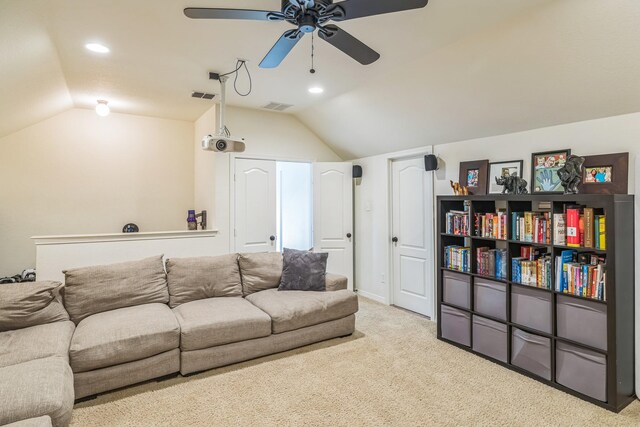 carpeted living room with visible vents, a ceiling fan, recessed lighting, and lofted ceiling