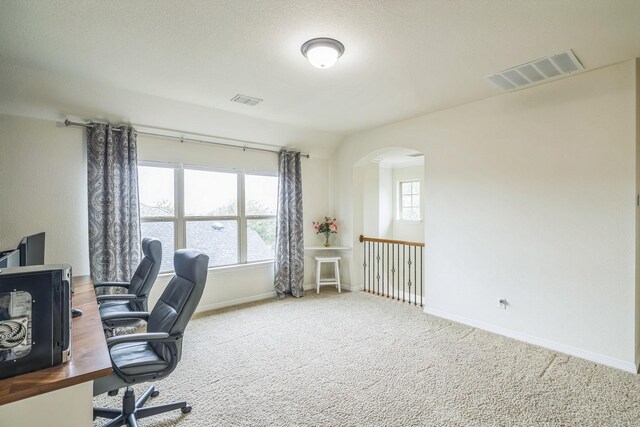 office area with carpet floors, arched walkways, baseboards, and visible vents