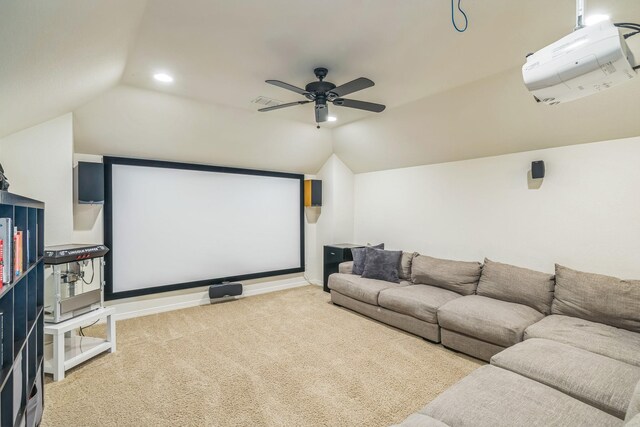 home theater room featuring carpet floors, a ceiling fan, lofted ceiling, and recessed lighting