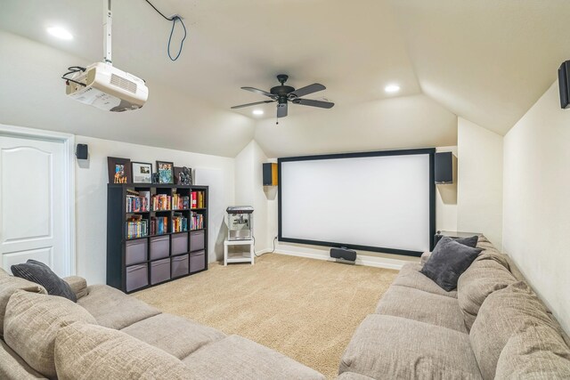 home theater with carpet floors, a ceiling fan, recessed lighting, and lofted ceiling