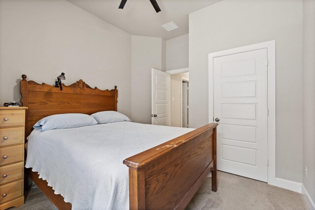 bedroom featuring baseboards, carpet flooring, ceiling fan, and visible vents