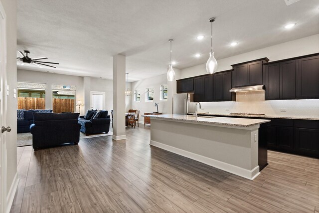 kitchen with a kitchen island with sink, open floor plan, under cabinet range hood, a ceiling fan, and appliances with stainless steel finishes