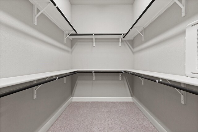 walk in closet with light carpet