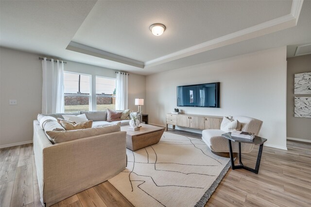 living room with baseboards, a raised ceiling, and wood finished floors