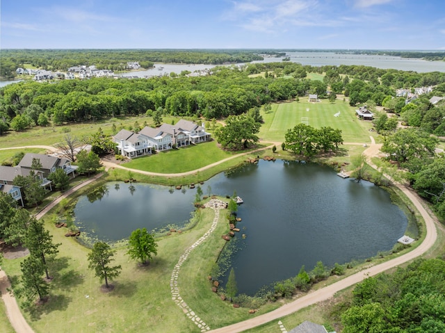 bird's eye view with a water view