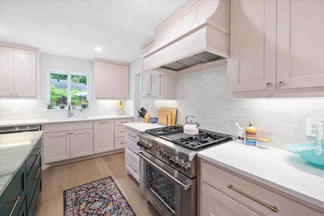 kitchen with a sink, light wood finished floors, stainless steel appliances, decorative backsplash, and custom exhaust hood