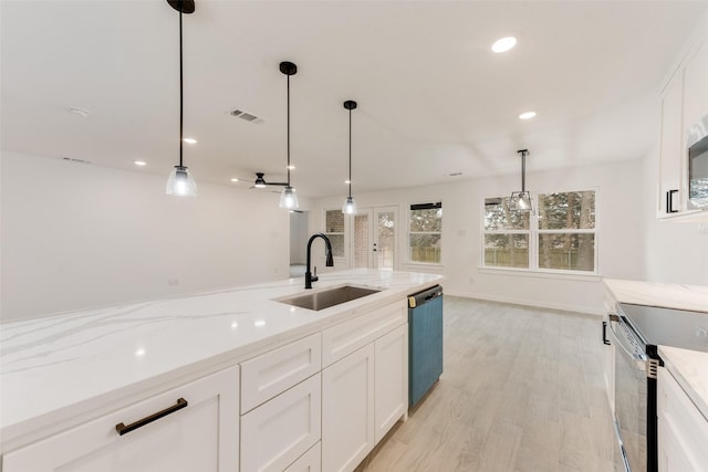 1130 Amsden Cir, Denison, TX 75020 - kitchen featuring a sink, electric range oven, dishwasher, white cabinetry, and visible vents