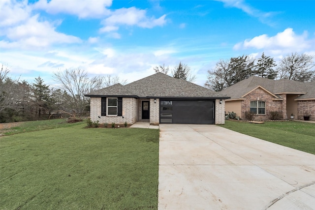 1130 Amsden Cir, Denison, TX 75020 - ranch-style home with driveway, a front yard, brick siding, an attached garage, and a shingled roof