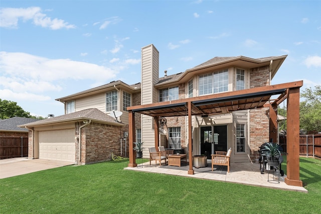 rear view of house featuring an attached garage, fence, a chimney, a patio area, and a lawn