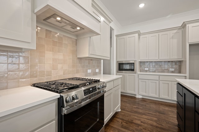 526 Windchase Dr, Haslet, TX 76052 - kitchen featuring appliances with stainless steel finishes, light countertops, decorative backsplash, premium range hood, and dark wood-type flooring