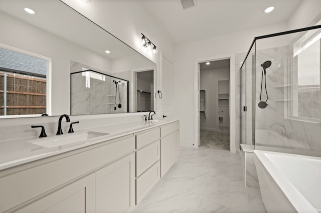 526 Windchase Dr, Haslet, TX 76052 - full bath with a marble finish shower, a spacious closet, marble finish floors, a freestanding tub, and double vanity