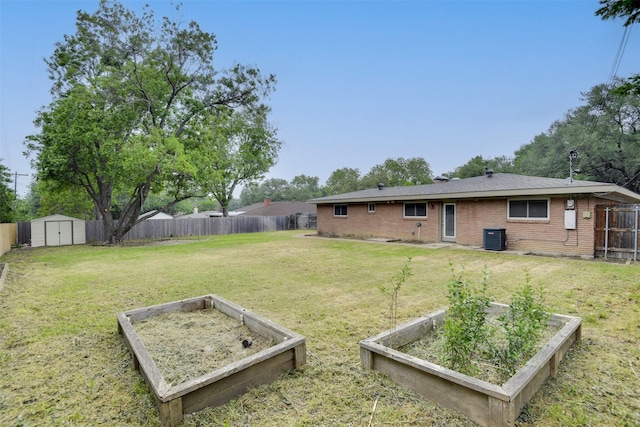 view of yard featuring a fenced backyard, a garden, a shed, and central AC unit