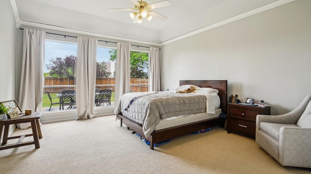 bedroom featuring ceiling fan and light colored carpet