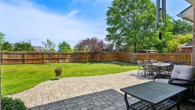 view of patio with a fenced backyard and outdoor dining space