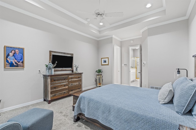 bedroom featuring visible vents, recessed lighting, baseboards, and a tray ceiling