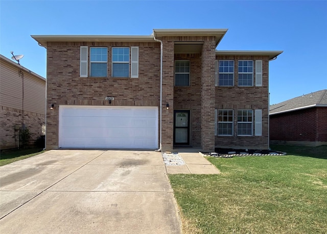 traditional-style home featuring concrete driveway, brick siding, an attached garage, and a front yard