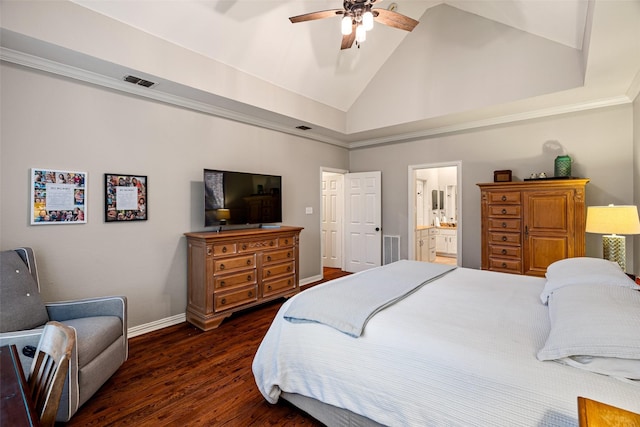 bedroom with visible vents, baseboards, wood finished floors, and high vaulted ceiling