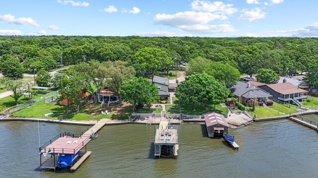 bird's eye view featuring a water view and a wooded view