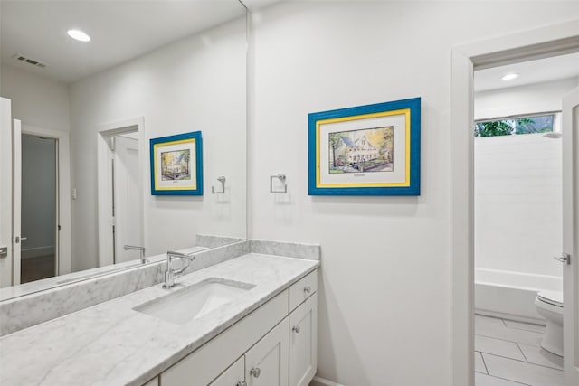 bathroom with visible vents, tile patterned flooring, vanity, toilet, and recessed lighting