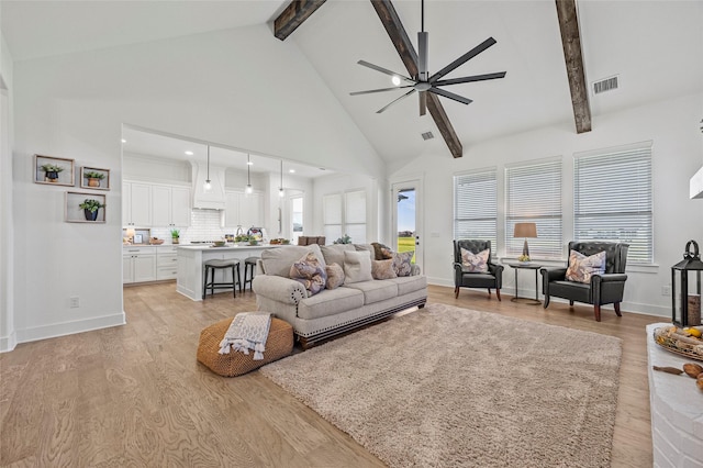 4771 Sasha Way, Caddo Mills, TX 75135 - living room featuring light wood finished floors, beam ceiling, and visible vents