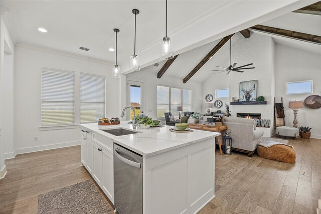 4771 Sasha Way, Caddo Mills, TX 75135 - kitchen with white cabinets, ceiling fan, a sink, vaulted ceiling with beams, and stainless steel dishwasher