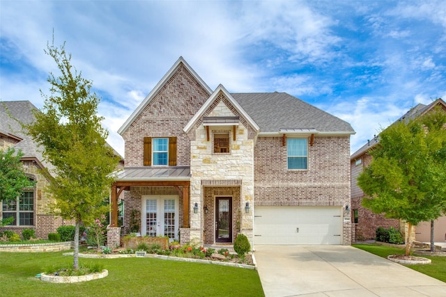 view of front facade featuring a garage, concrete driveway, a front lawn, and brick siding