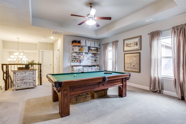 recreation room featuring visible vents, light carpet, a wealth of natural light, and billiards