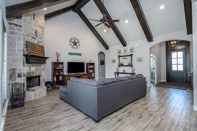 400 Christian Way, Azle, TX 76020 - living room featuring visible vents, wood finished floors, beamed ceiling, baseboards, and ceiling fan