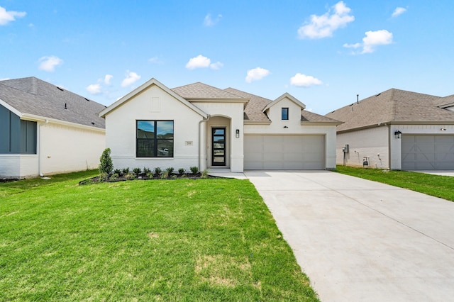 201 Kingfisher Ct, Aledo, TX 76008 - view of front facade with driveway, a garage, a front yard, a shingled roof, and stucco siding