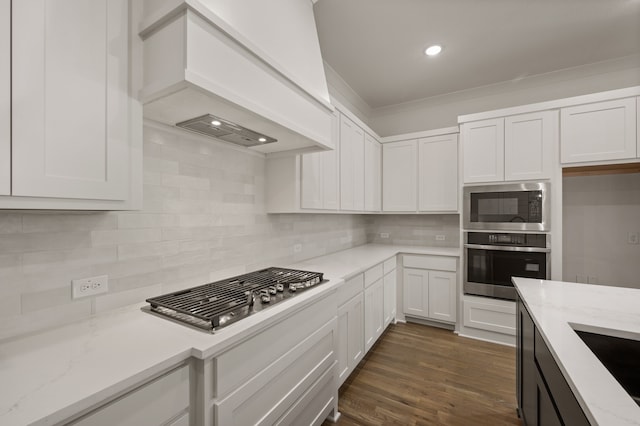 201 Kingfisher Ct, Aledo, TX 76008 - kitchen with appliances with stainless steel finishes, premium range hood, backsplash, white cabinets, and light stone countertops