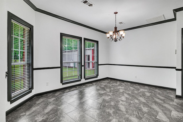 unfurnished room featuring visible vents, baseboards, crown molding, and a notable chandelier