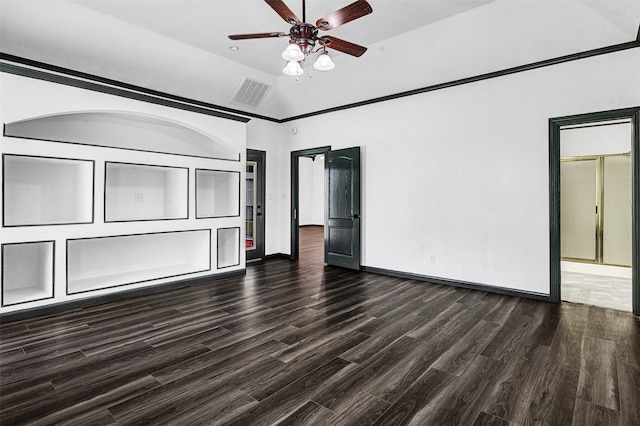 interior space with a ceiling fan, visible vents, wood finished floors, baseboards, and high vaulted ceiling