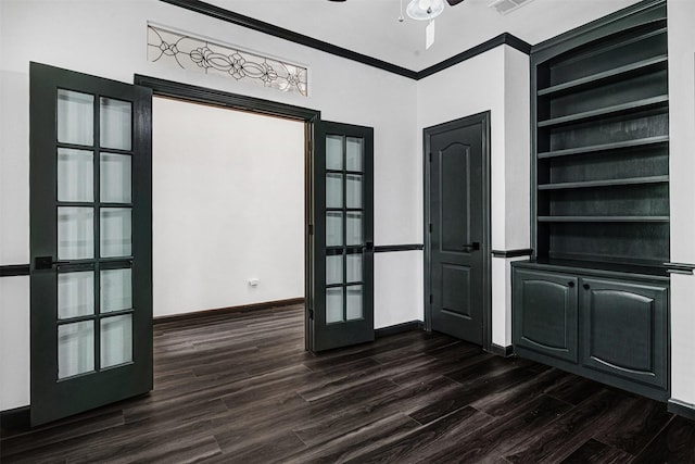 interior space with french doors, ornamental molding, ceiling fan, and dark wood-style floors