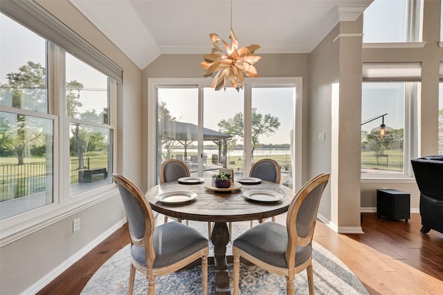 dining room with dark wood-style flooring, baseboards, plenty of natural light, and ornamental molding