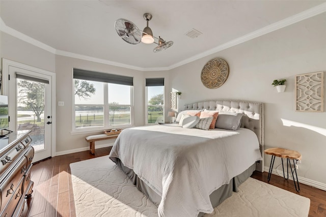 bedroom featuring crown molding, baseboards, dark wood-style floors, and access to exterior