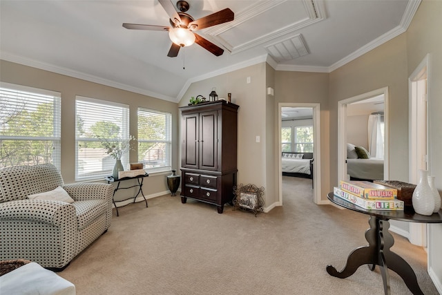 living area with ceiling fan, light carpet, attic access, baseboards, and visible vents