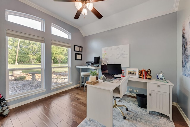 office space featuring ornamental molding, lofted ceiling, wood finished floors, baseboards, and ceiling fan
