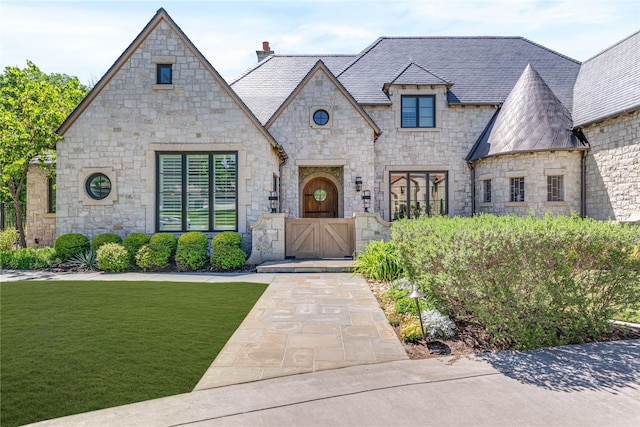 french country inspired facade with a high end roof, a chimney, a front lawn, and stone siding