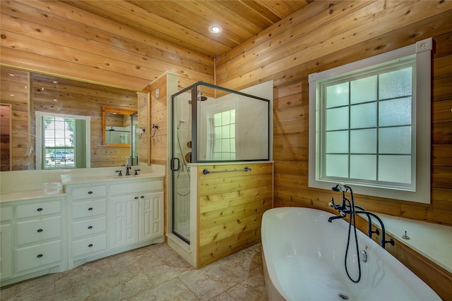 2160 W Fm 550, Mclendon Chisholm, TX 75032 - bathroom featuring wood ceiling, vanity, a shower stall, wooden walls, and a freestanding tub