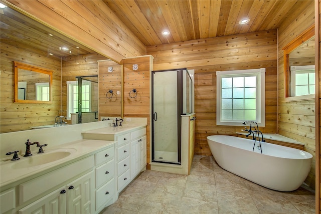2160 W Fm 550, Mclendon Chisholm, TX 75032 - bathroom with wood ceiling, double vanity, a soaking tub, a shower stall, and recessed lighting