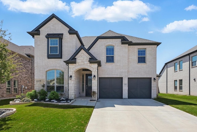french provincial home featuring an attached garage, a front yard, driveway, and brick siding