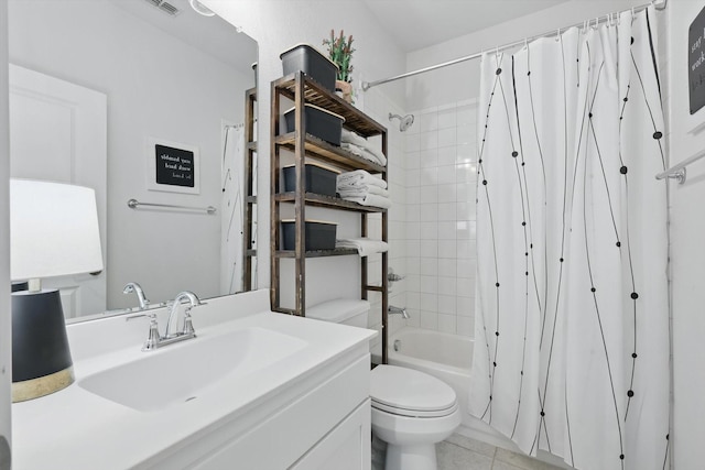 full bath with vanity, tile patterned floors, toilet, and shower / bath combination with curtain