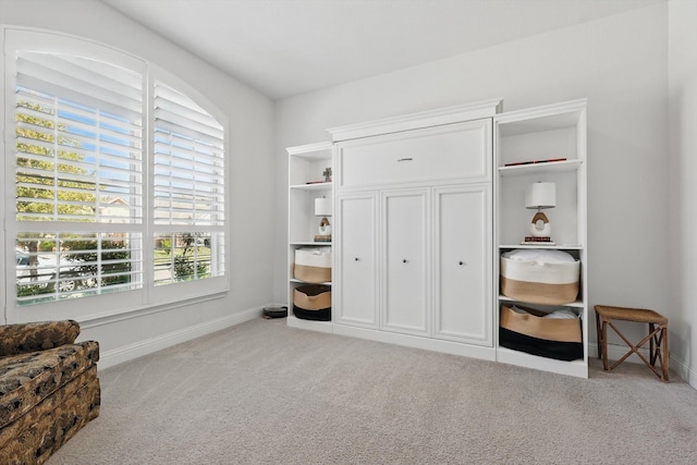 interior space featuring baseboards, plenty of natural light, and light carpet