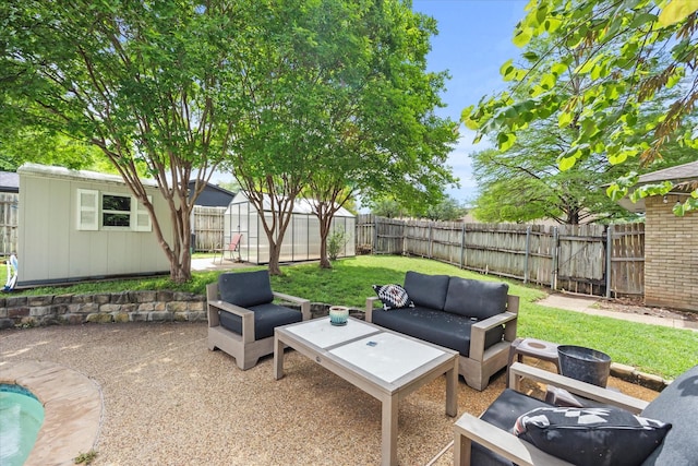 9008 Flicker Ln, Dallas, TX 75238 - view of patio / terrace featuring an outdoor living space, an outdoor structure, and a gate
