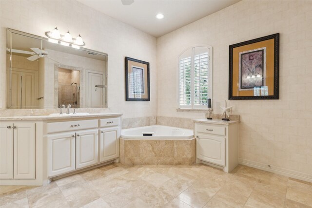 full bathroom with ceiling fan, a garden tub, a stall shower, vanity, and recessed lighting