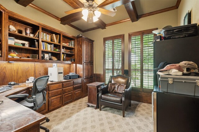 office featuring crown molding, a ceiling fan, wainscoting, and beamed ceiling